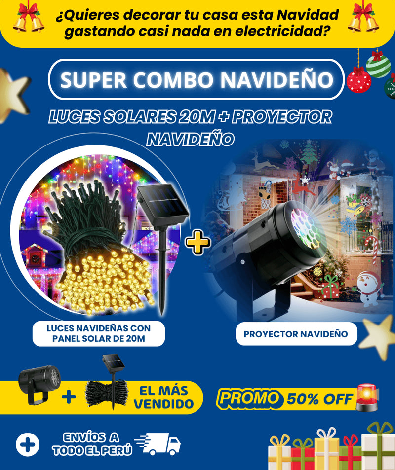 Combo Navideño Luces Navideñas Con Panel Solar 20m + Proyector Navideño